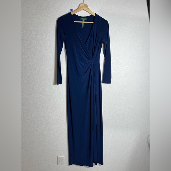 Lauren Ralph Lauren surplice neckline navy dress Three-quarter-length sleeves 6P - Picture 1 of 5